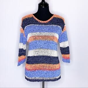 J Jill blue navy cream orange striped knotted sweater size Extra Small XS